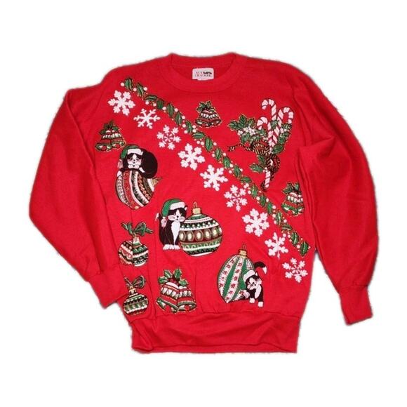 Vintage 90s Women's Med Red Ugly Christmas Sweater Nut Cracker Cat W/ Ornament - Picture 1 of 12